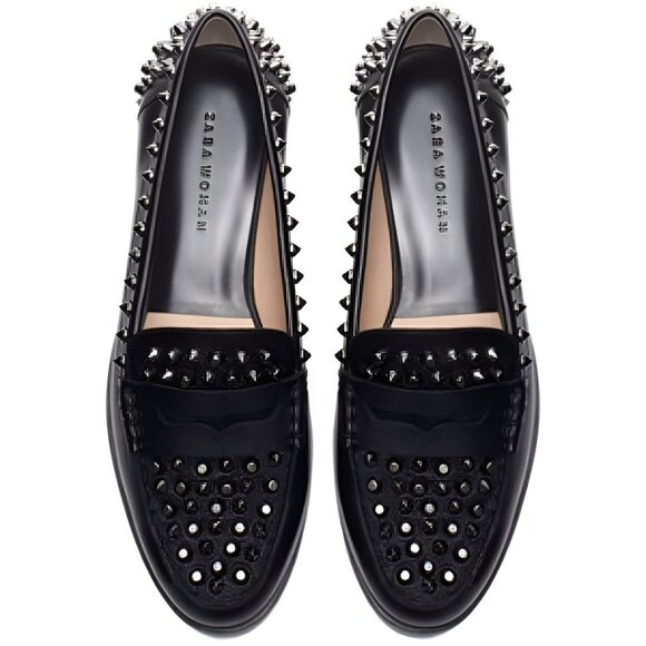 Zara Shoes - ZARA Spiked Studded Soft Black Real Genuine Leather Loafers Oxford Shoes 6.5
